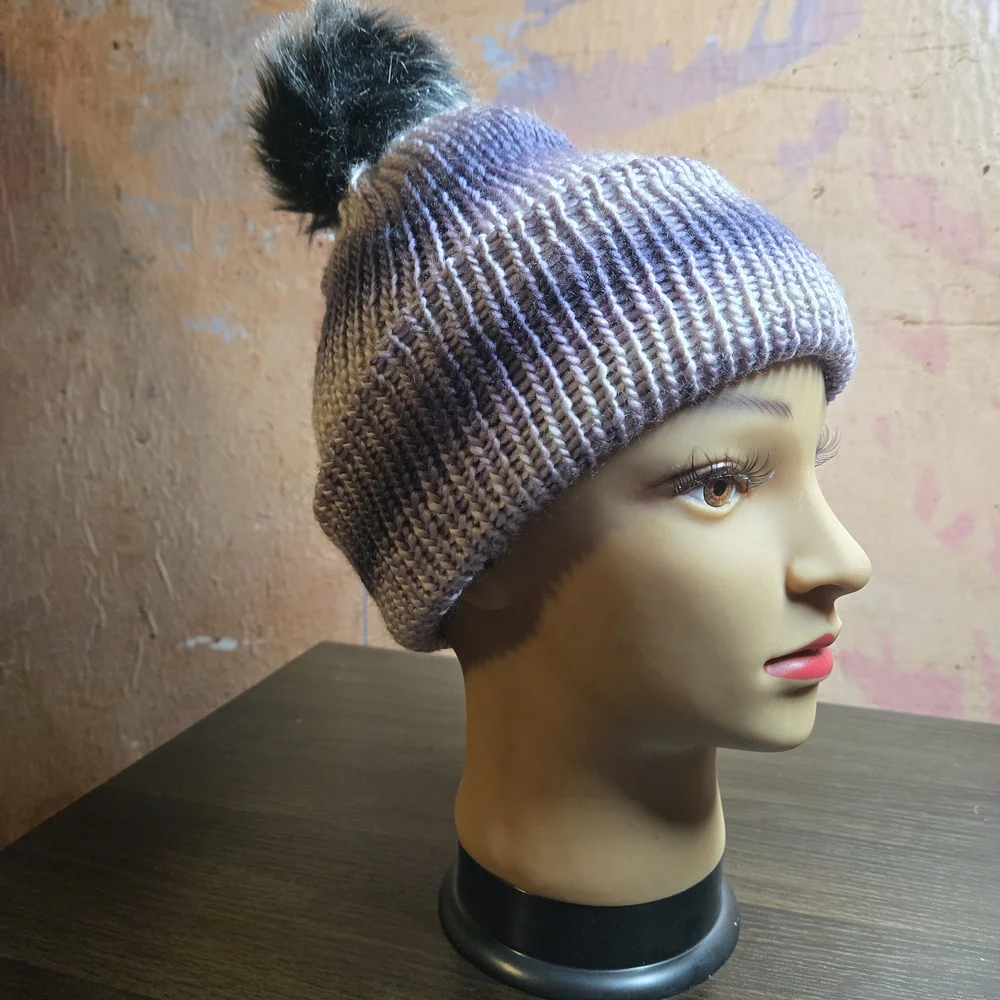 Stylish Purple Knit Beanie with Black Pom-Pom - Picture 1 of 3